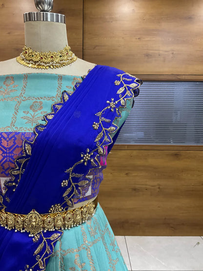 (MultiRango) South Indian Festival Traditional Half Saree with Embroidered Blouse & Dupatta