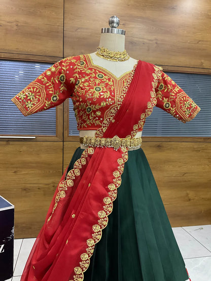 (ButtaBomma) South Indian Festival Traditional Half Saree with Embroidered Blouse & Dupatta