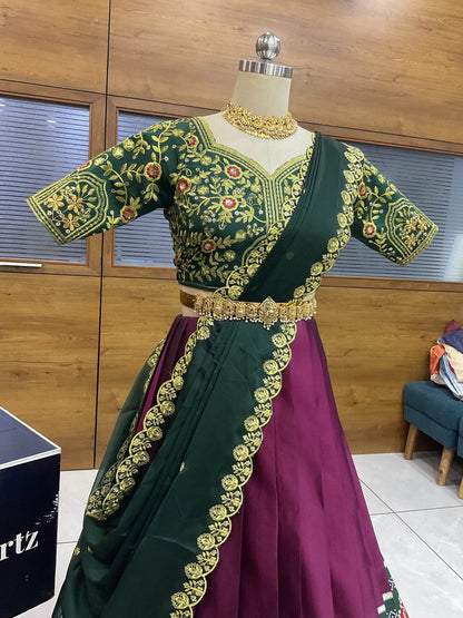 (ButtaBomma) South Indian Festival Traditional Half Saree with Embroidered Blouse & Dupatta