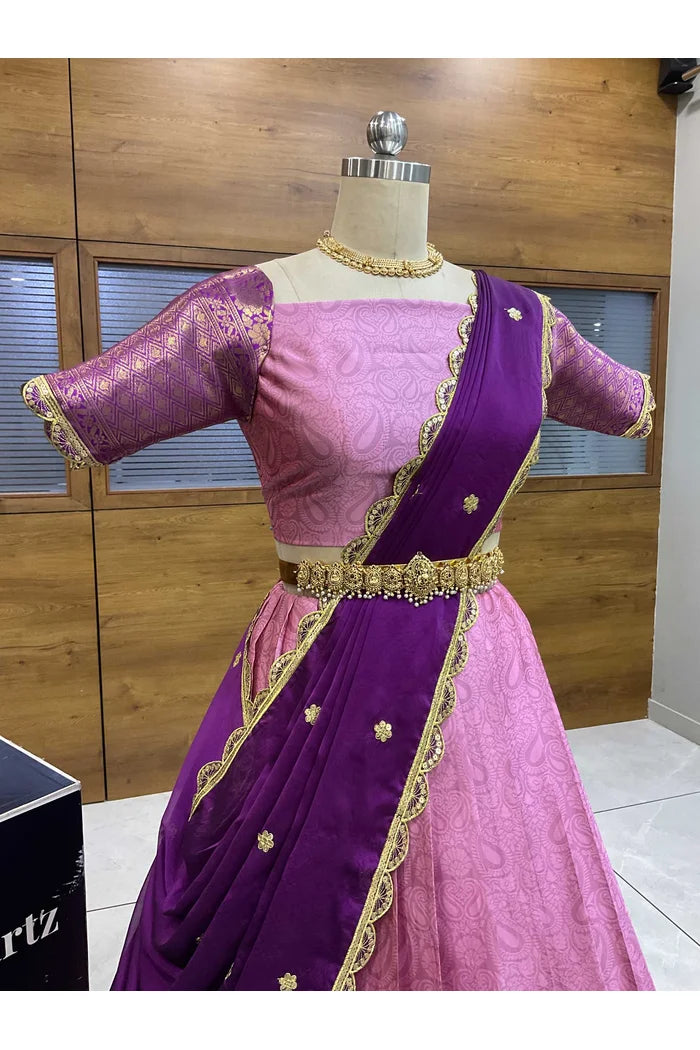 Revati Women's Woven Design zari work Half Saree with Blouse and Dupatta