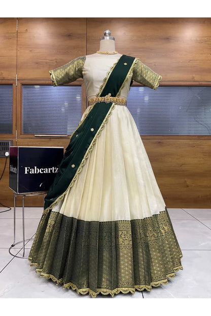 Revati Women's Woven Design zari work Half Saree with Blouse and Dupatta