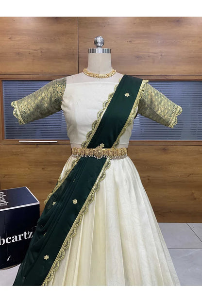 Revati Women's Woven Design zari work Half Saree with Blouse and Dupatta