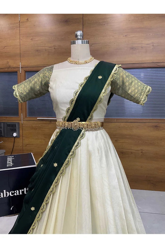 Revati Women's Woven Design zari work Half Saree with Blouse and Dupatta