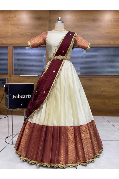 Revati Women's Woven Design zari work Half Saree with Blouse and Dupatta