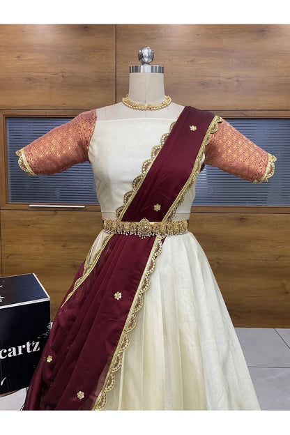 Revati Women's Woven Design zari work Half Saree with Blouse and Dupatta