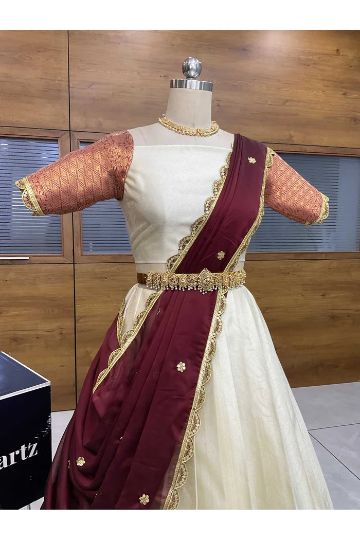 Revati Women's Woven Design zari work Half Saree with Blouse and Dupatta