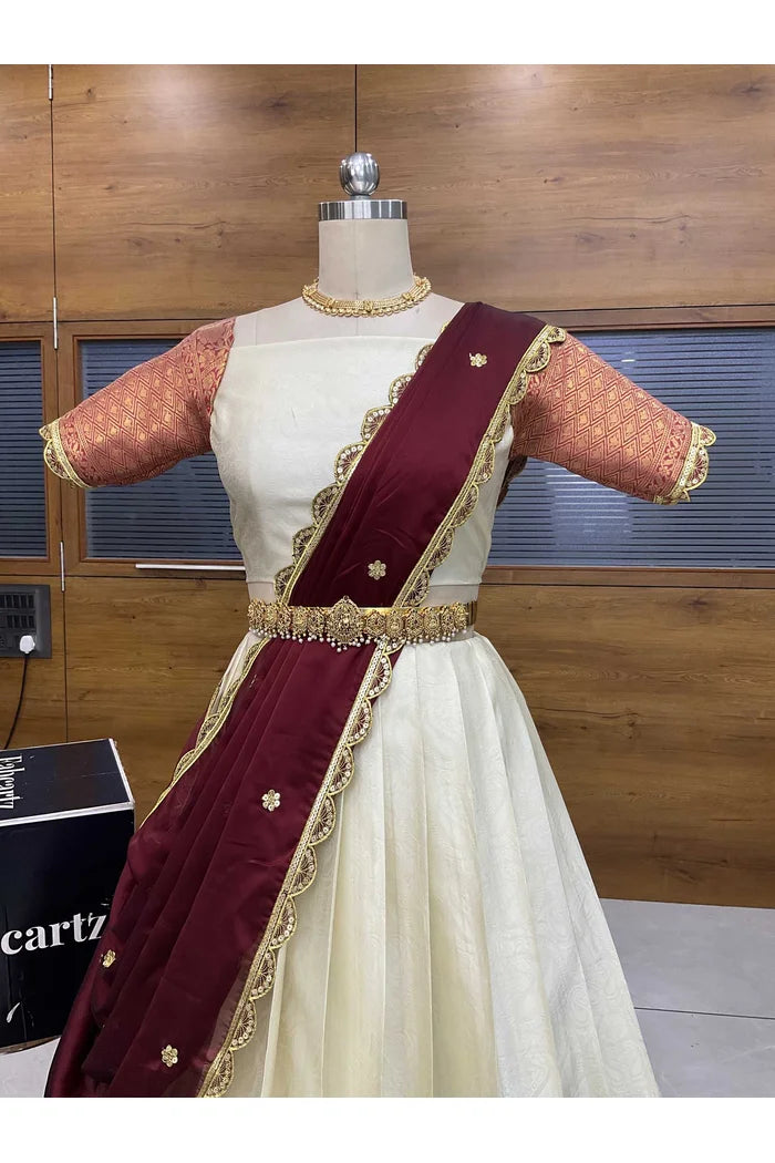 Revati Women's Woven Design zari work Half Saree with Blouse and Dupatta