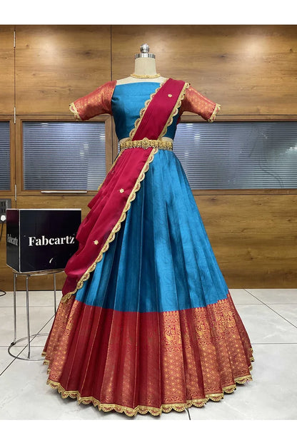 Revati Women's Woven Design zari work Half Saree with Blouse and Dupatta