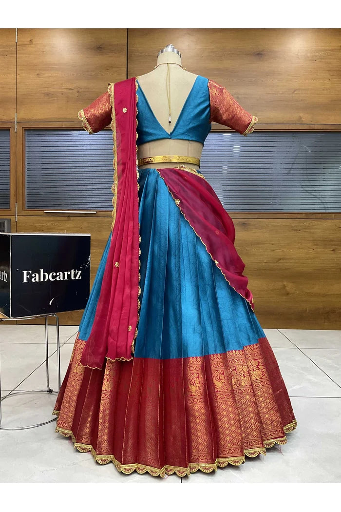 Revati Women's Woven Design zari work Half Saree with Blouse and Dupatta