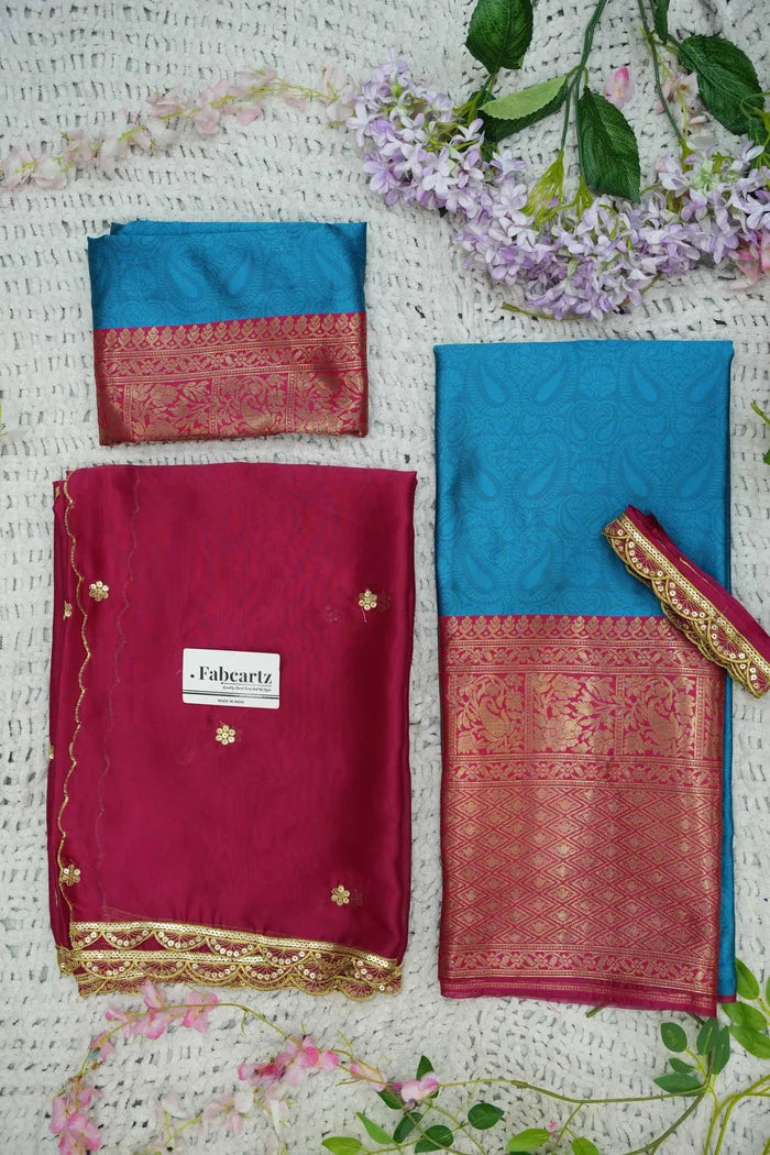 Revati Women's Woven Design zari work Half Saree with Blouse and Dupatta