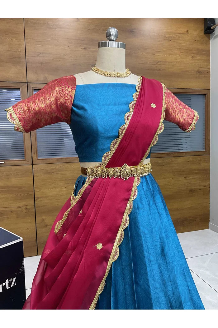 Revati Women's Woven Design zari work Half Saree with Blouse and Dupatta