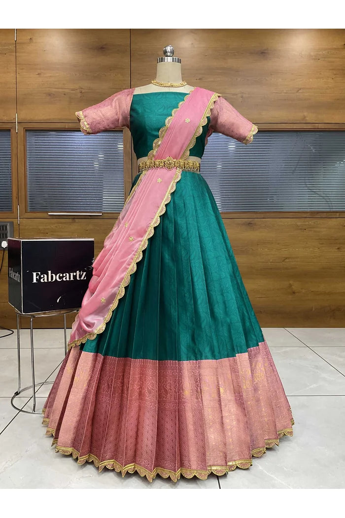 Revati Women's Woven Design zari work Half Saree with Blouse and Dupatta