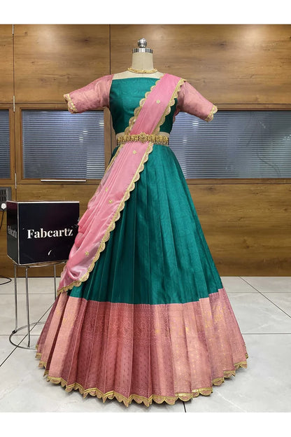 Revati Women's Woven Design zari work Half Saree with Blouse and Dupatta