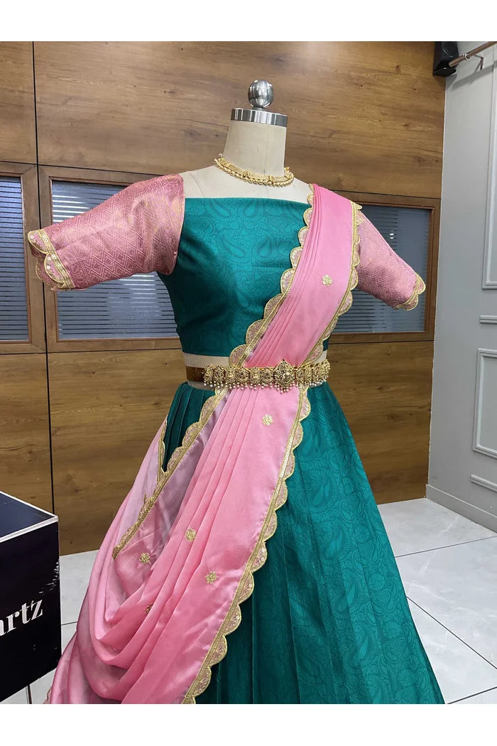 Revati Women's Woven Design zari work Half Saree with Blouse and Dupatta