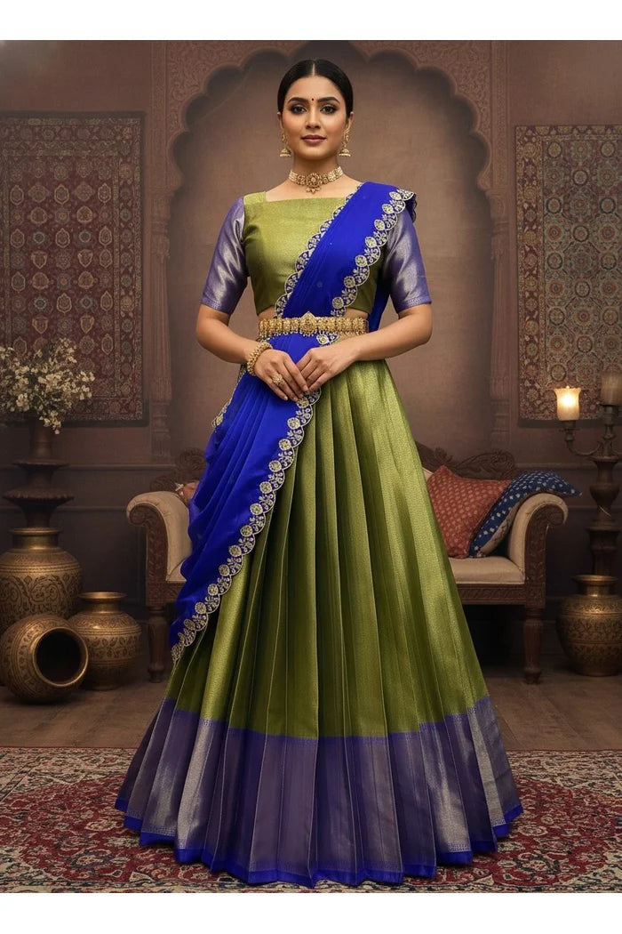 South Indian Festival Traditional Half Saree with Embroidered Blouse & Dupatta (Kanika)