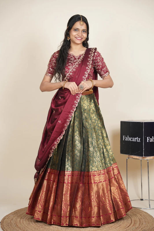 Beautiful South Indian Style Unstitch Half Saree with Embroidery Blouse and Dupatta for Women | Rashmika