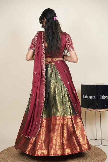 Beautiful South Indian Style Unstitch Half Saree with Embroidery Blouse and Dupatta for Women | Rashmika