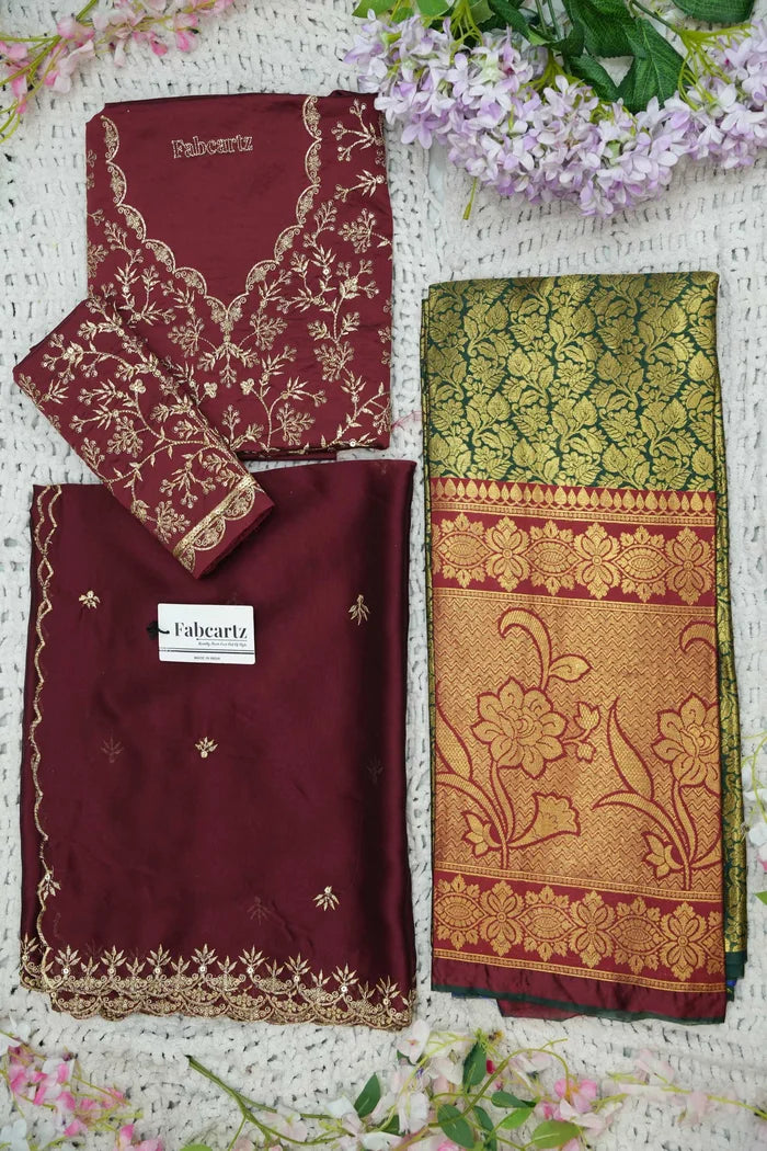 Beautiful South Indian Style Unstitch Half Saree with Embroidery Blouse and Dupatta for Women | Rashmika