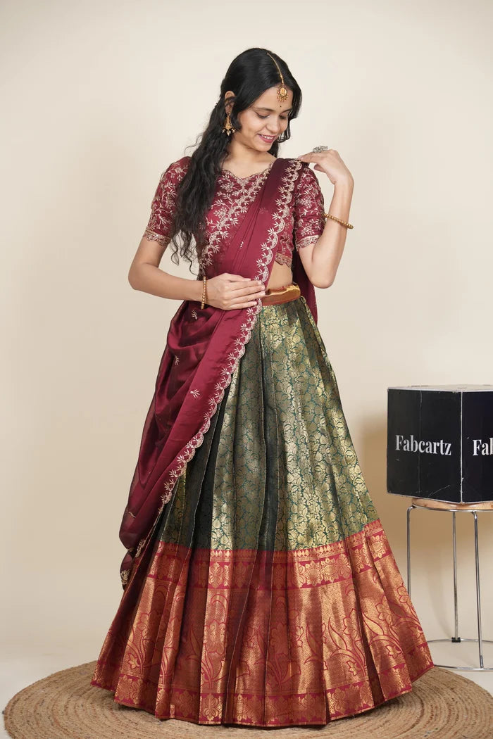 Beautiful South Indian Style Unstitch Half Saree with Embroidery Blouse and Dupatta for Women | Rashmika