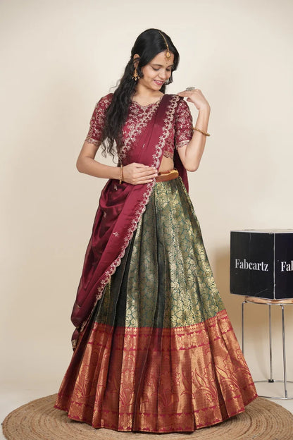 Beautiful South Indian Style Unstitch Half Saree with Embroidery Blouse and Dupatta for Women | Rashmika