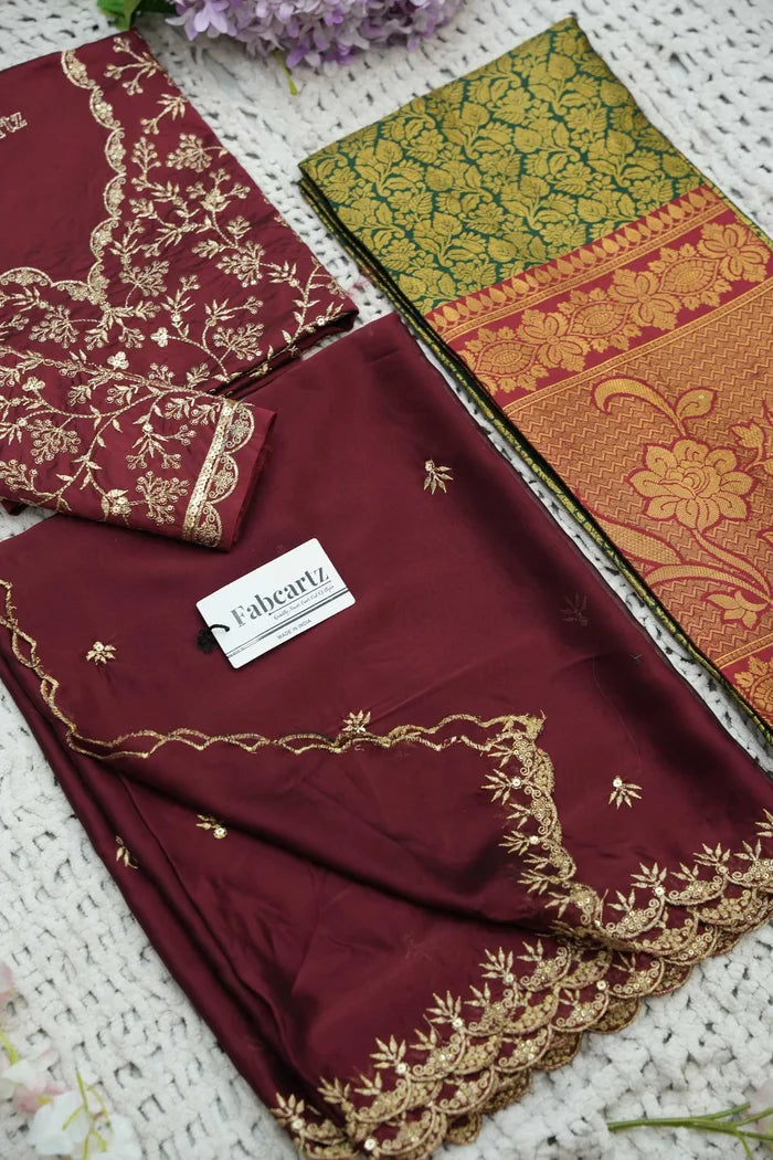 Beautiful South Indian Style Unstitch Half Saree with Embroidery Blouse and Dupatta for Women | Rashmika
