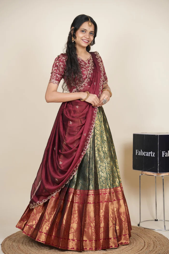 Beautiful South Indian Style Unstitch Half Saree with Embroidery Blouse and Dupatta for Women | Rashmika