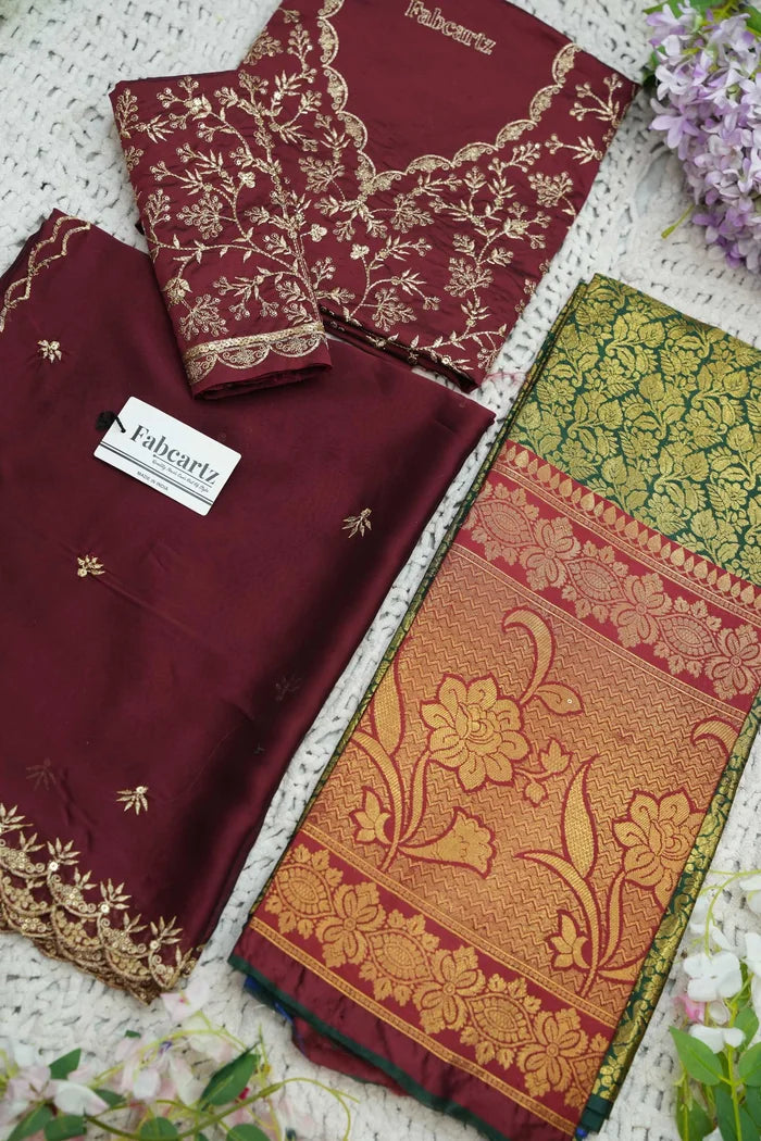 Beautiful South Indian Style Unstitch Half Saree with Embroidery Blouse and Dupatta for Women | Rashmika