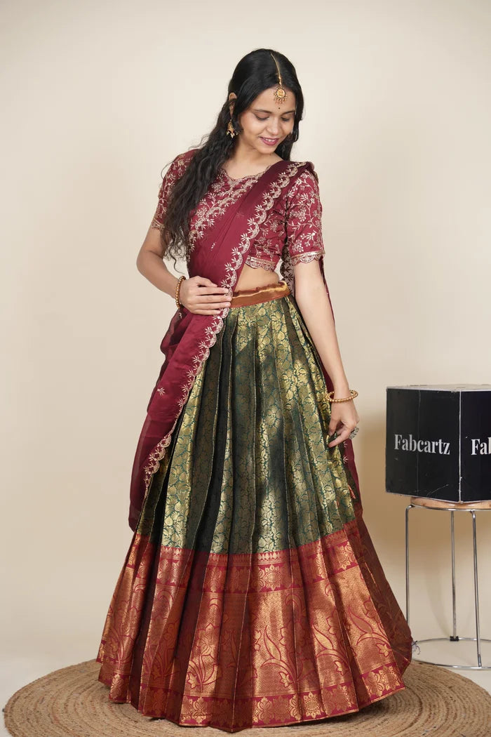 Beautiful South Indian Style Unstitch Half Saree with Embroidery Blouse and Dupatta for Women | Rashmika