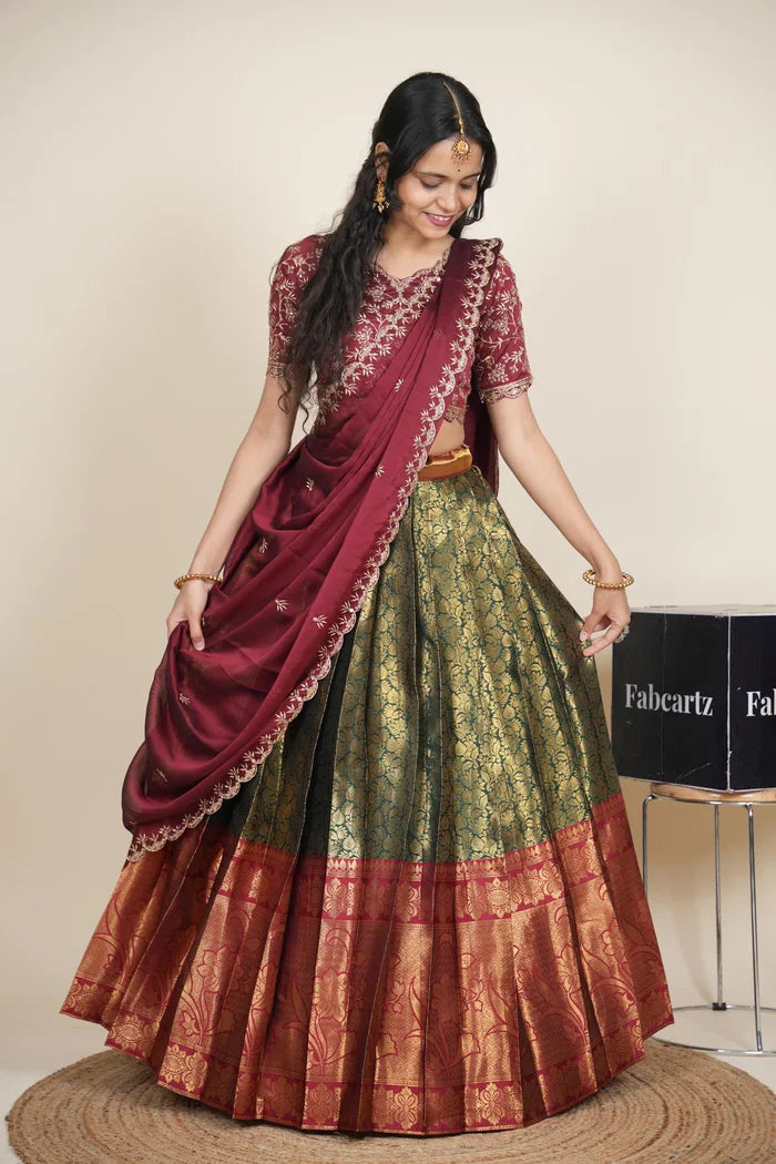 Beautiful South Indian Style Unstitch Half Saree with Embroidery Blouse and Dupatta for Women | Rashmika