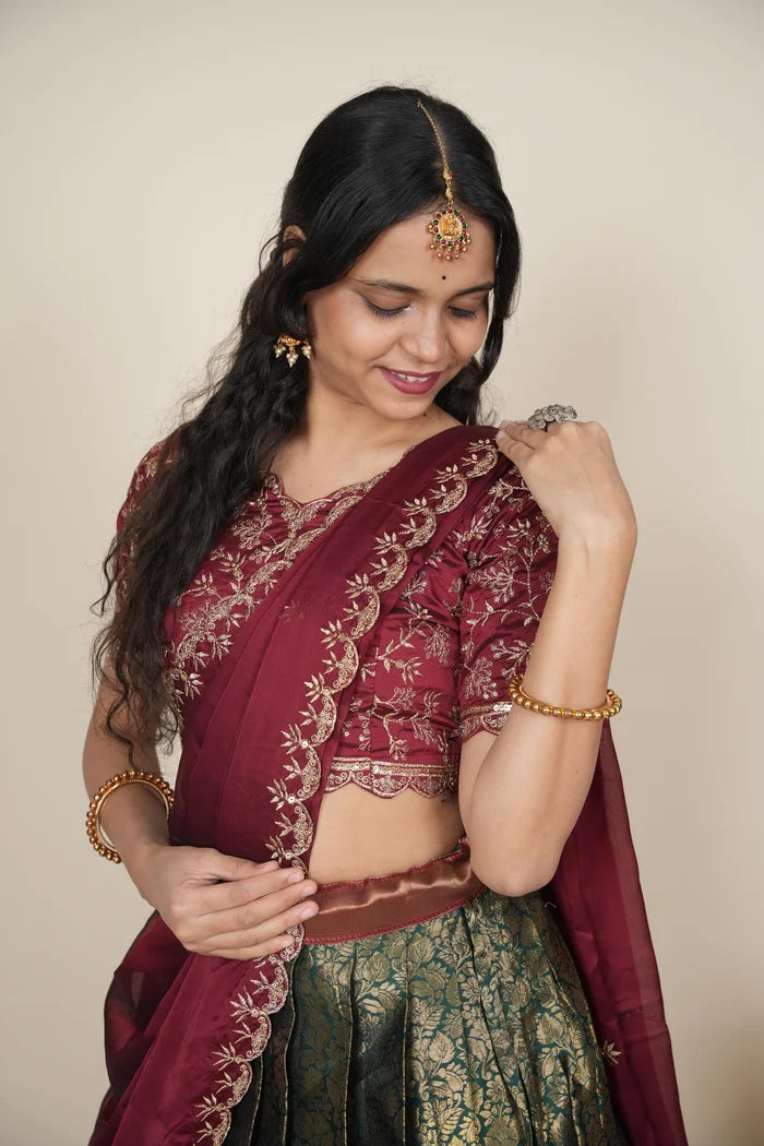 Beautiful South Indian Style Unstitch Half Saree with Embroidery Blouse and Dupatta for Women | Rashmika