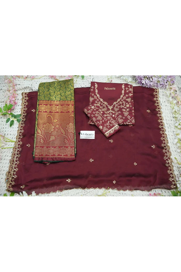 Beautiful South Indian Style Unstitch Half Saree with Embroidery Blouse and Dupatta for Women | Rashmika