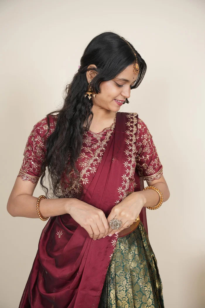 Beautiful South Indian Style Unstitch Half Saree with Embroidery Blouse and Dupatta for Women | Rashmika