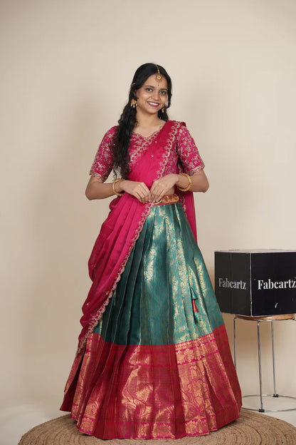 Beautiful South Indian Style Unstitch Half Saree with Embroidery Blouse and Dupatta for Women | Rashmika