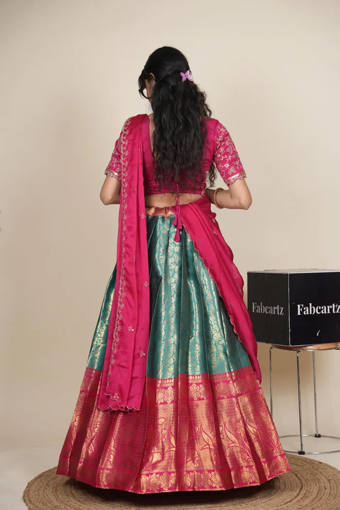 Beautiful South Indian Style Unstitch Half Saree with Embroidery Blouse and Dupatta for Women | Rashmika