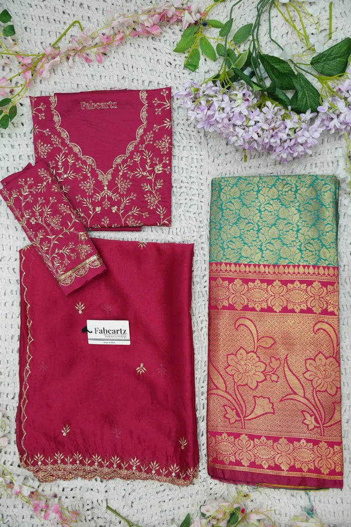 Beautiful South Indian Style Unstitch Half Saree with Embroidery Blouse and Dupatta for Women | Rashmika