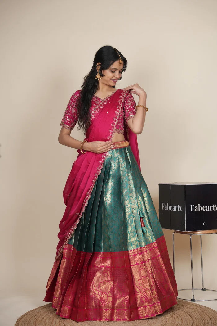 Beautiful South Indian Style Unstitch Half Saree with Embroidery Blouse and Dupatta for Women | Rashmika
