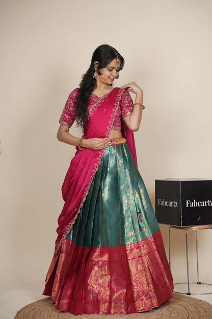 Beautiful South Indian Style Unstitch Half Saree with Embroidery Blouse and Dupatta for Women | Rashmika