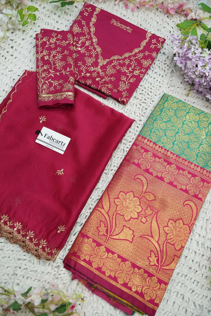 Beautiful South Indian Style Unstitch Half Saree with Embroidery Blouse and Dupatta for Women | Rashmika