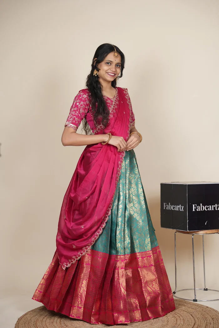 Beautiful South Indian Style Unstitch Half Saree with Embroidery Blouse and Dupatta for Women | Rashmika