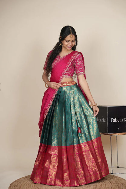 Beautiful South Indian Style Unstitch Half Saree with Embroidery Blouse and Dupatta for Women | Rashmika