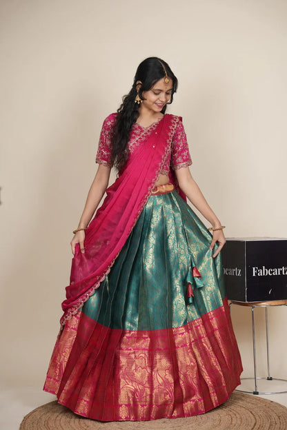 Beautiful South Indian Style Unstitch Half Saree with Embroidery Blouse and Dupatta for Women | Rashmika