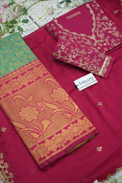 Beautiful South Indian Style Unstitch Half Saree with Embroidery Blouse and Dupatta for Women | Rashmika