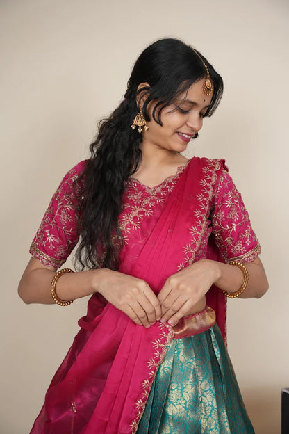 Beautiful South Indian Style Unstitch Half Saree with Embroidery Blouse and Dupatta for Women | Rashmika