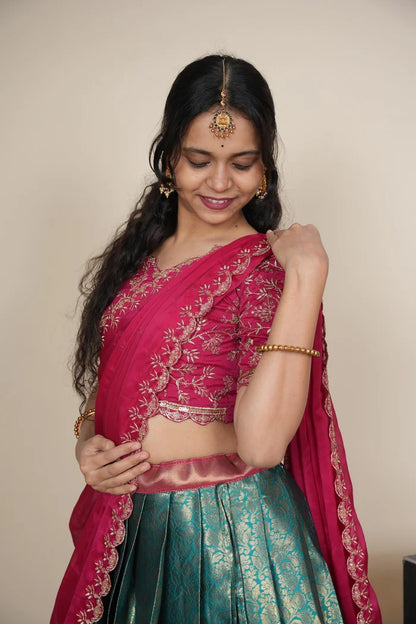 Beautiful South Indian Style Unstitch Half Saree with Embroidery Blouse and Dupatta for Women | Rashmika