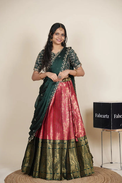 Beautiful South Indian Style Unstitch Half Saree with Embroidery Blouse and Dupatta for Women | Rashmika