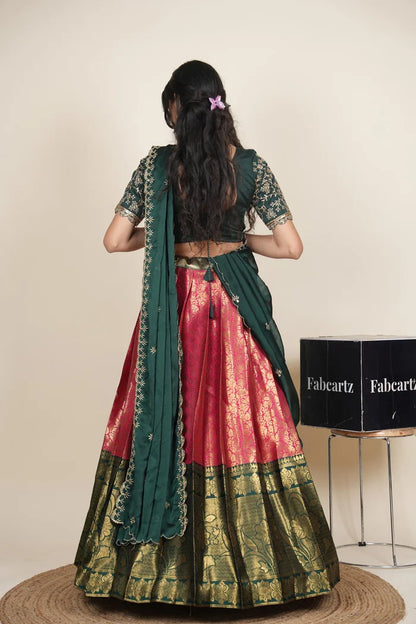 Beautiful South Indian Style Unstitch Half Saree with Embroidery Blouse and Dupatta for Women | Rashmika
