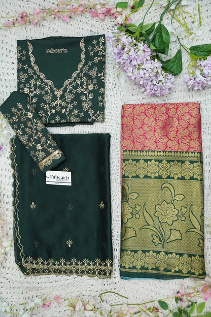Beautiful South Indian Style Unstitch Half Saree with Embroidery Blouse and Dupatta for Women | Rashmika
