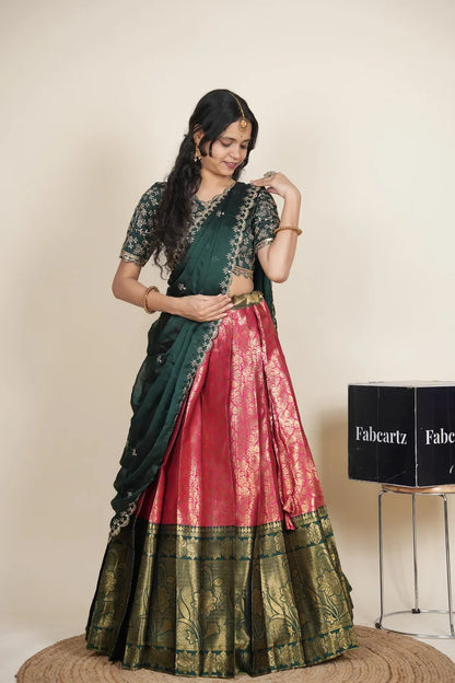 Beautiful South Indian Style Unstitch Half Saree with Embroidery Blouse and Dupatta for Women | Rashmika