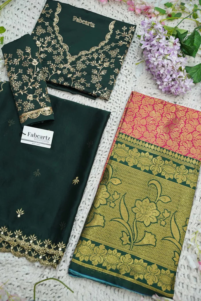 Beautiful South Indian Style Unstitch Half Saree with Embroidery Blouse and Dupatta for Women | Rashmika