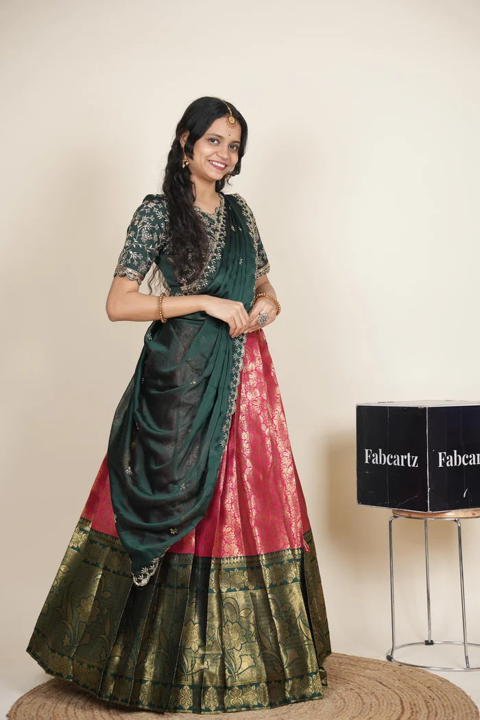 Beautiful South Indian Style Unstitch Half Saree with Embroidery Blouse and Dupatta for Women | Rashmika